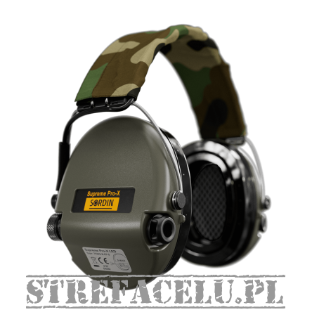 Headphones With Active Noise Canceling, Manufacturer : Sordin (Sweden), Model : Supreme Pro-X LED, Color : Green / Multicam